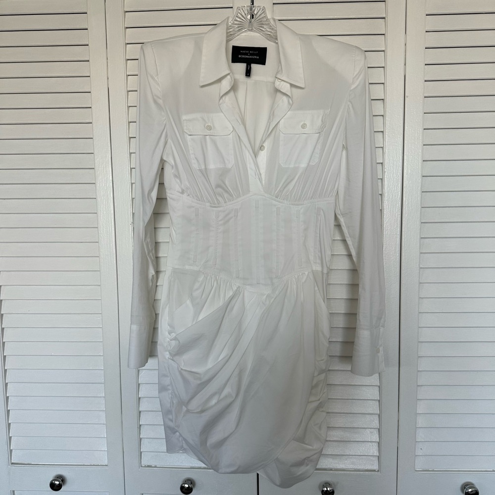 BCBGMAXAZRIA White Cinched Waist Shirt Dress